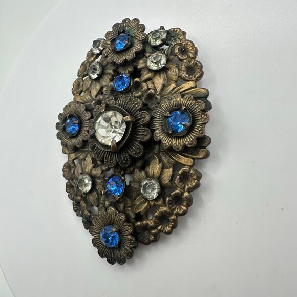 1920s antique Art Deco Czech blue clear glass rhinestones floral Dress clip - Picture 3 of 9